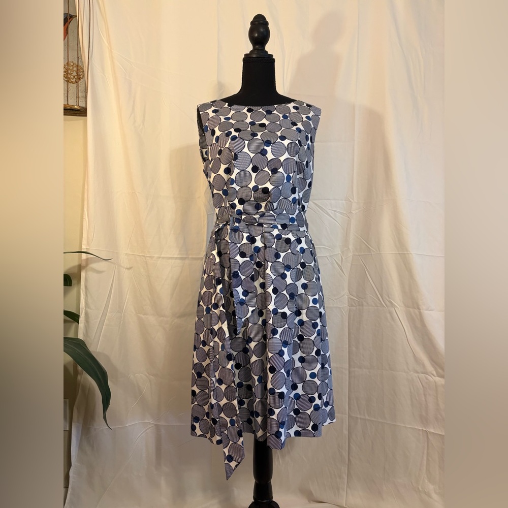 Anne Klein Navy and White Geometric Midi Dress Size 14